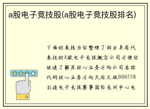 a股电子竞技股(a股电子竞技股排名)